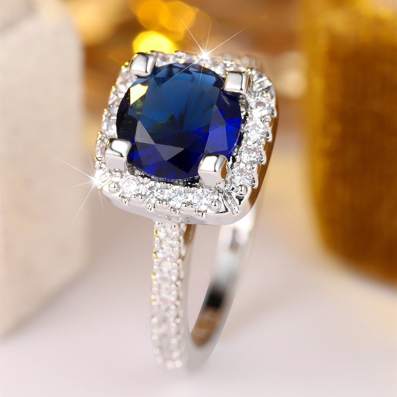 ANGOL Light Luxury Blue Main Stone Prong-Set Ring, Elegant Accessory